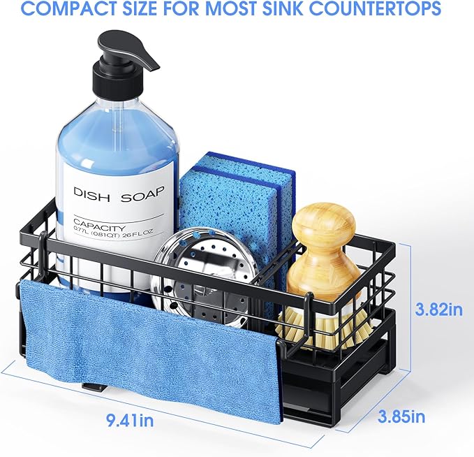 Kitchen Sink Sponge Holder, Rustproof Non-Slip Self-Draining Metal Sink Caddy with Detachable Dish Cloth Holder (Black)