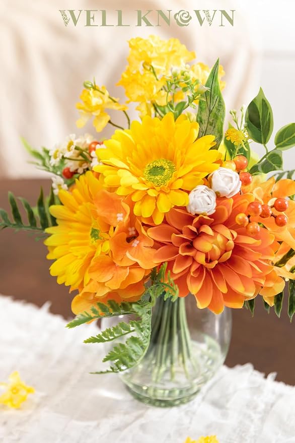 Artificial Flowers in Vase with Fake Water, Faux Silk Dahlia & Gerbera Daisy Flower Arrangements for Spring & Summer Home Wedding Birthday Wedding Party Dining Table Decor & Gift (Yellow & Orange)