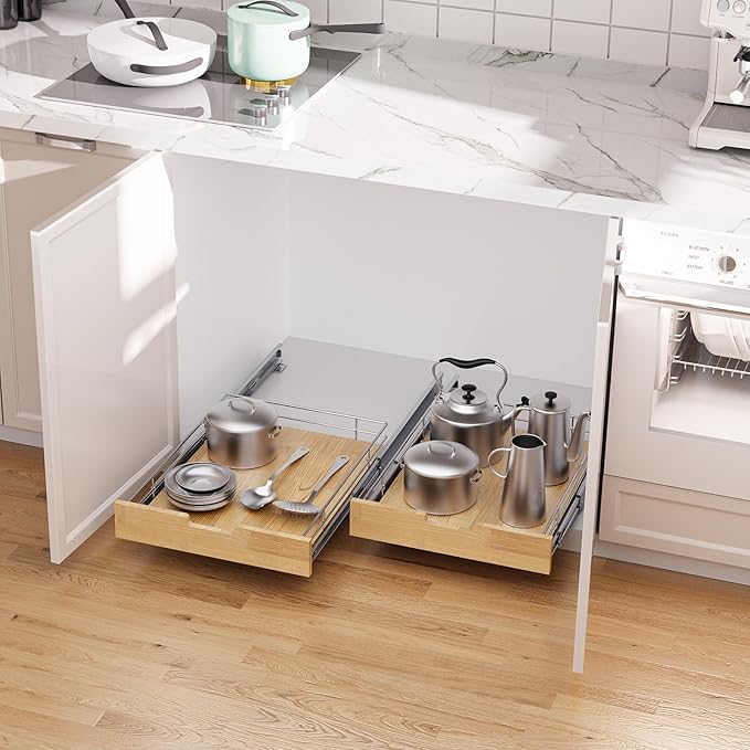 Sikarou Pull Out Cabinet Organizer,Heavy-Duty Slide Out Shelf, Wood And Wire Basket, Pull Out Drawer for for Kitchen Under Sink Space, Pantry, Bathroom (23 * 21 WM)