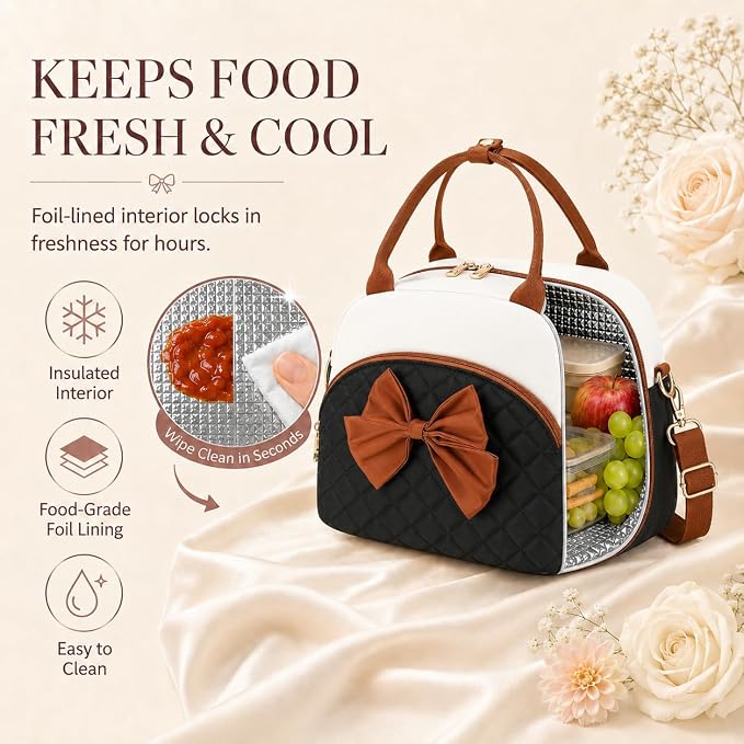 LEDAOU Lunch Box for Women, Insulated Lunch Bag Women with Adjustable Shoulder Strap, Cute Lunch Tote Bag for Work, Womens Lunch Bag with Bowknot, Front Zipper Pocket & Side Pockets