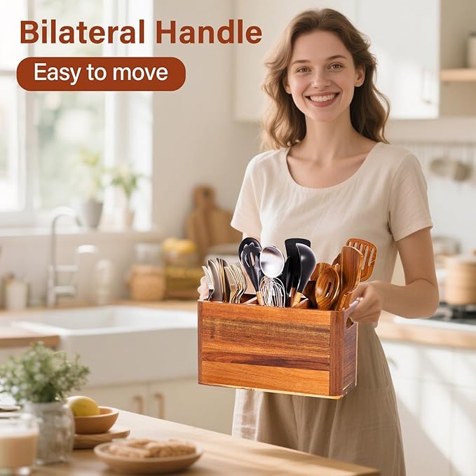 Wooden Utensil Holder for Kitchen Counter or Wall, Large Utensil Holder with 3 Compartment, Acacia Wood Kitchen Utensil Organizer for Storage Spoons & Spatulas, Fall Farmhouse Utensil Crock Container