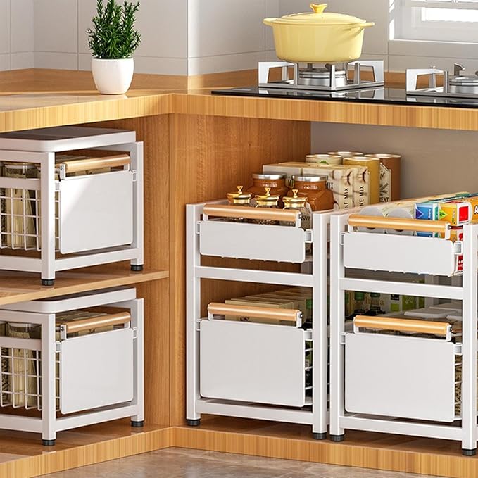 2 Tier Pull-out Storage Organizer, Slide Out Kitchen Cabinet Storage Sliding Shelves, Under Sink Organizers Drawer, Mesh Cabinet Basket with Handle for Bathroom, Home(White,Double Layer L)