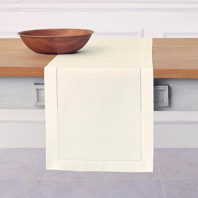 Solino Home Ivory Table Runner 90 Inches Long - Cotton Linen Hemstitch 14 x 90 Inch Table Runner for Dining, Spring, Summer