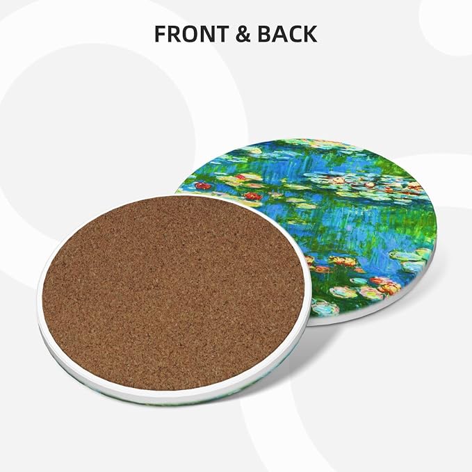 Monet Water Lilies Drinks Absorbent Coasters with Holder Set of 6, Coffee Table Decor, Ceramic Stone Coaster with Cork Base Tabletop Protection Mat for Mugs and Cups,Office,Kitchen