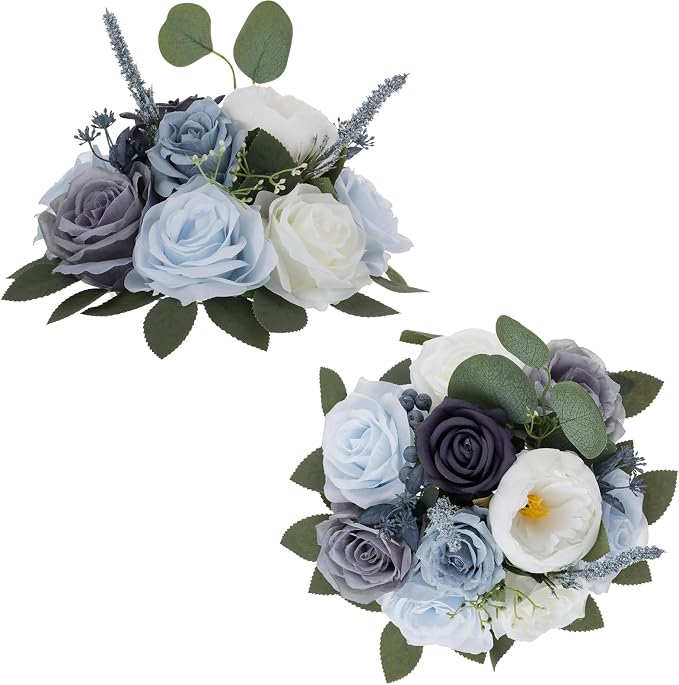 BLOSMON Artificial Flowers Ball Wedding Centerpieces 2 Pcs Dusty Blue Rose Artificial Flower Center Pieces Decoration for Table Silk Kissing Ball Floral Bouquet Arrangements Home Party DIY Decor