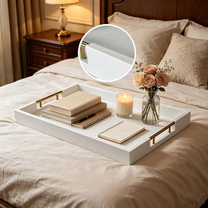 12×20 Inches White Faux Leather Coffee Serving Tray Decorative Ottoman Trays with Gold Metal Handles Decor for Living Room Rectangle Large Bed Breakfast Organizer for All Occasions Multipurpose Using