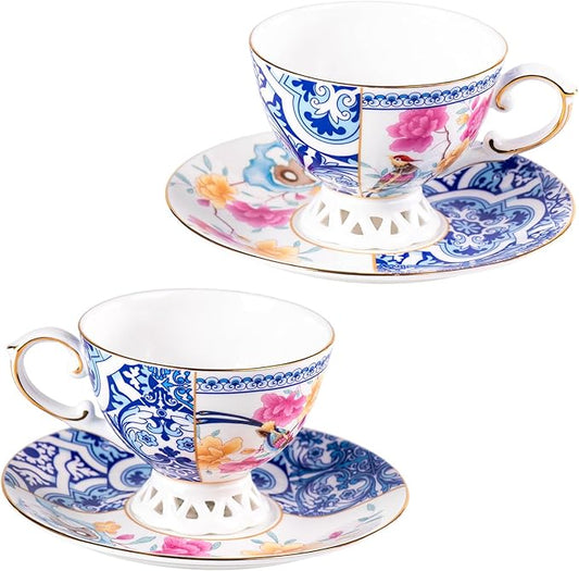 KAMMAK Tea Cups and Saucers Set of 2, Fine Bone China Coffee Cups, Stackable Espresso Mugs, Ceramic Demitasse for Coffee, Cappuccino, Latte, Americano, Tea, Blueprint of Prosperity
