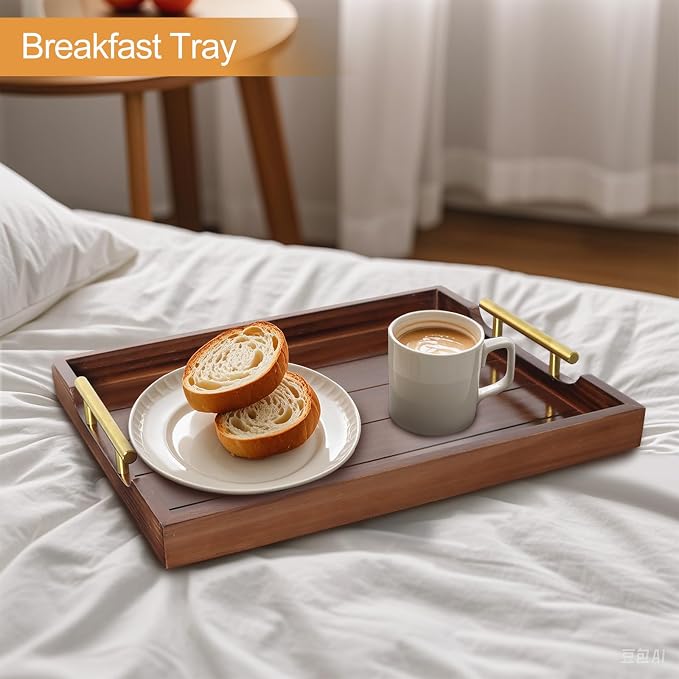 SXNOWS Ottoman Tray, Large Wooden Serving Tray with 2 Sets of Handles for Coffee Table, Rustic Living Room Kitchen Decor, 4 Round Coasters Included, Dark Brown