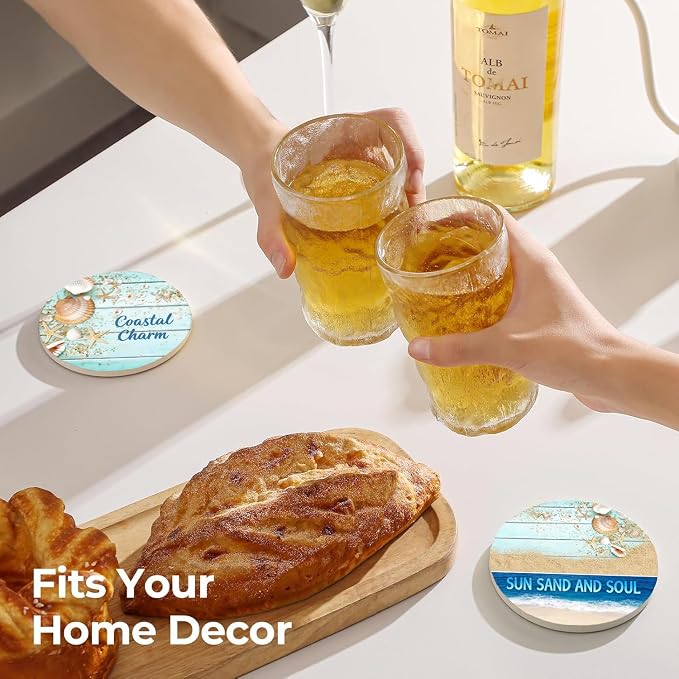 Coastal Charm Light Blue Beach Ceramic Coaster Set of 6 - Coastal Design with Seashells, Starfish & Sand Pattern, Wood Background, Non-Slip Cork Backing, Housewarming Gift
