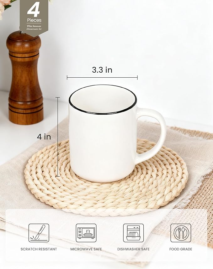 OTAGO Coffee Mugs for 4, 12 oz Mug Set, Dringking Cup with Handle for Coffee, Tea, Cocoa, Milk, Black Rim