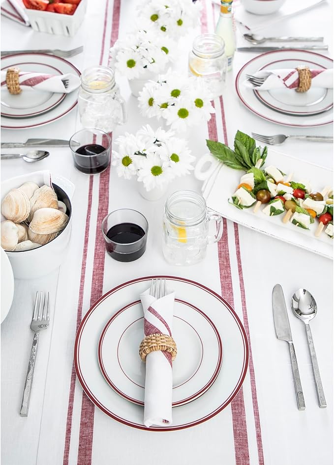 Solino Home Linen Table Runner 120 Inches Long - French Stripe, 100% Pure Linen Burgundy and White Farmhouse Table Runner 16 x 120 Inch Ideal for Dining