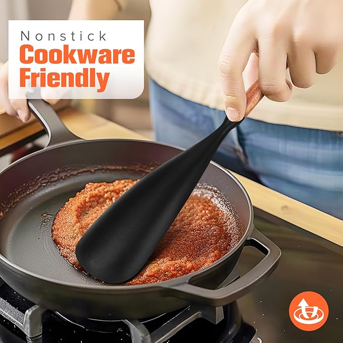 Silicone Utensils Set of 7 with Wooden Handle for Cooking&Baking,No Scratch for Nonstick Cookware,Spatula Spoon,Soup Ladle,Basting Brush,Baking Bowl Scraper,Skimmer,Slotted Spatula,BPA Free (Black)
