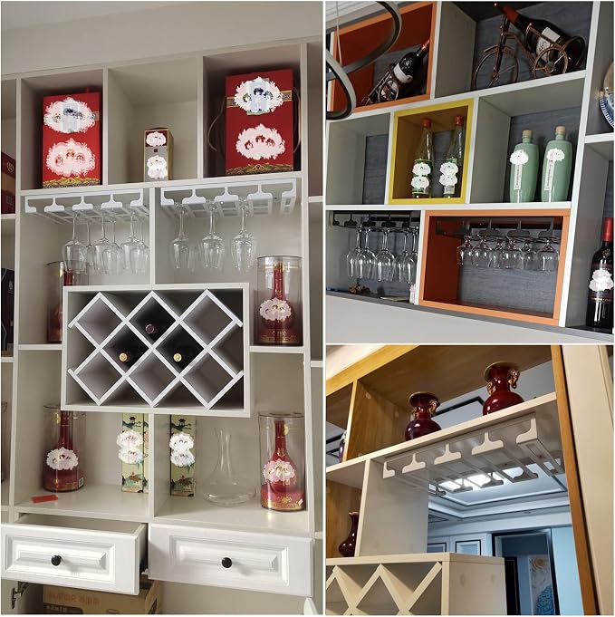 41cm/16in Modern Metal Wine Glass Holder - Under Cabinet Stemware Hanging Rack - Wine Glass Storage Organizer Rack, 4 Row (Color : White)