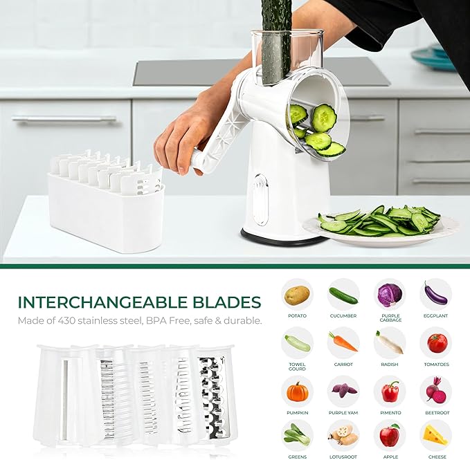 SUSTEAS Rotary Cheese Grater with Handle - Vegetable Shredder with 5 Well-designed Blades & Strong Suction Base,Round Mandoline Slicer & Food Chopper for Kitchen,with Blade Storage Box(White)