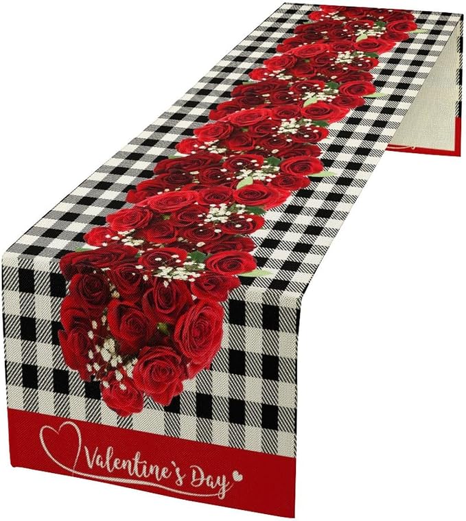 Rose Table Runner, Vintage Rustic Plaid Abstract Red Rose Flower Plant Plant Table Decor Table Top Dining Kitchen Wedding Party 13x36 Inch