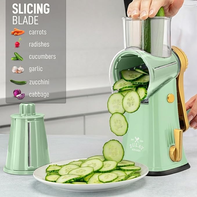 Zulay Kitchen Rotary Cheese Grater 5 Blade Cheese Shredder - Manual Hand Crank Cheese Grater With Reinforced Suction & 5 Interchangeable Drums - Easy to Use, Vegetable Chopper Round Mandoline Slicer