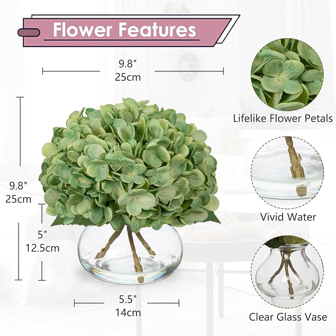 Hollyone Dark Green Hydrangea Artificial Flowers with Glass Vase Silk Faux Flowers Arrangements in Vase with Faux Water Fake Floral Bulk Bouquet for Home Decor Table Centerpiece Decorations