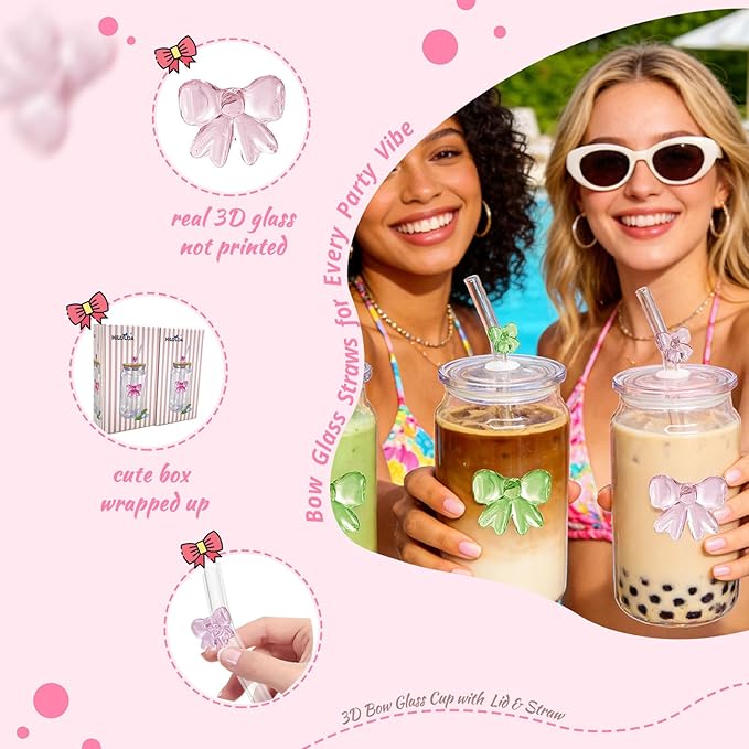Aesthetic 3D Pink Bow Glass Cup with Plastic Lid & Straw,16OZ Bows Glass Coffee Cups,Bow Tumbler for Iced Matcha, with１Cleaning Brush, Girly Preppy Stuff/Glassware Birthday Valentine's day Gifts
