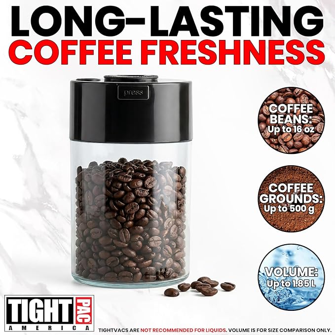 COFFEEVAC Pump It Out Airtight Coffee Container - Vacuum Coffee Storage Container for Ground Coffee Beans - Patented Vacuum Seal with Degassing Valve, 1 lb, Black/Clear