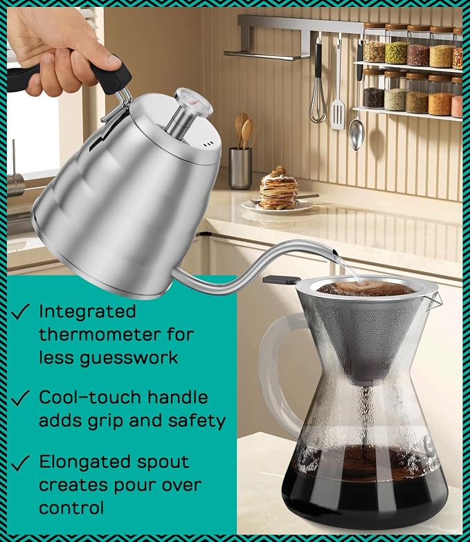 Coffee Gator Gooseneck Kettle with Thermometer - 40oz Premium Stainless Steel Pour Over Coffee Maker Kettles, Stove Top, w/Precision Drip Spout, for Drip Coffee, French Press, Tea Kettle, 5 Cup, 1.2L