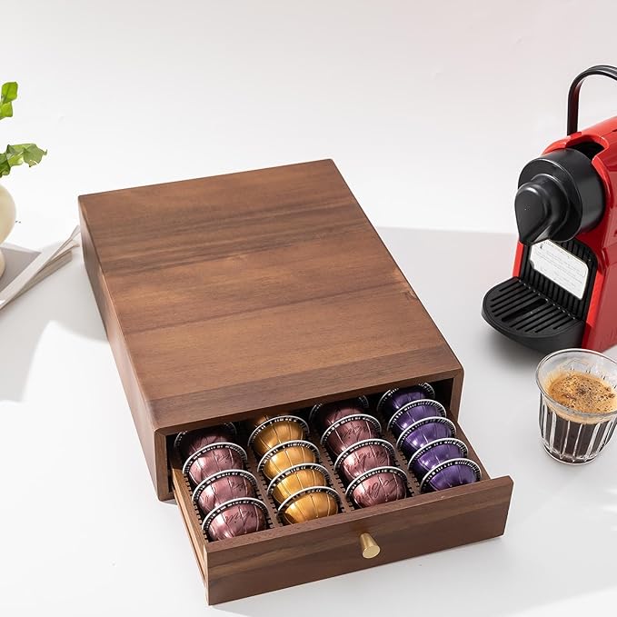 Acacia Wood Coffee Pod Drawer Compatible with Nespresso Vertuo, Pods Holder, Pod Organizer Tray, Storage, Stand, Container, Capsule Holder for Coffee Bar Countertop, 40 Big or 60 Small Pods Capacity