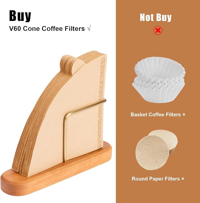 Cone Coffee Filter Holder, Stand Coffee Filter Storage, Coffee Filter Container for V60 Paper Coffee Filters Size #01 and #02, Cherry Wood & Brass