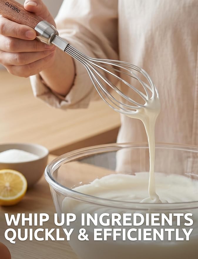 Dugato Mini Egg Whisk, 10 Inch Small Wire Whisk Stainless Steel with Wooden Handle, Narrow Metal Balloon Whisk for 1-Cup Measuring Cups, Kitchen Whisk for Scrambling Eggs and Small Sauces