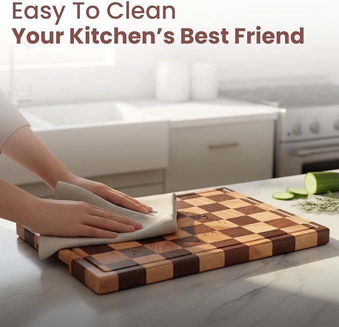 Checkered Cutting Board for Kitchen, Acacia Wood, Butcher Block Chopping Board with Juice Grooves & Handles, Large 16.5"x11.6" Serving Tray & Charcuterie Board, Gift Box Included