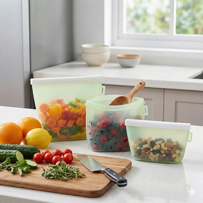 Zyra Reusable Silicone Food Storage Bag Set – 3 Sizes (500ml, 1000ml, 1500ml) – Leakproof, Foldable, Microwave & Freezer Safe, BPA-Free, Dishwasher Safe, Eco-Friendly Meal Prep. (Plain Green)