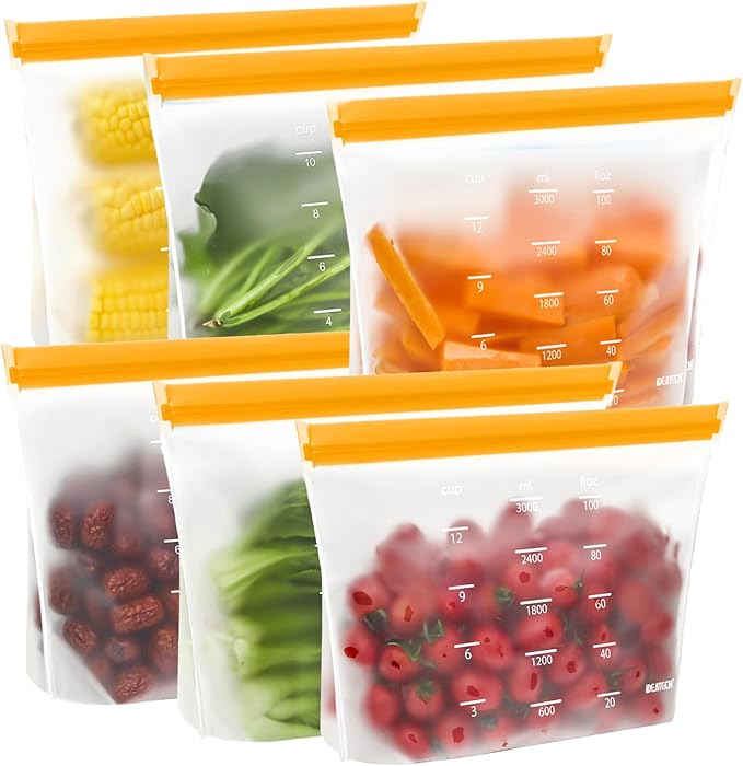 IDEATECH Reusable Gallon Freezer Bags, Reusable Food Storage Bags, 6Pack | Leakproof, Dishwasher Safe, BPA-Free Food Grade, Large Size with Measurement Marks for Meat, Marinades & Freezer Storage
