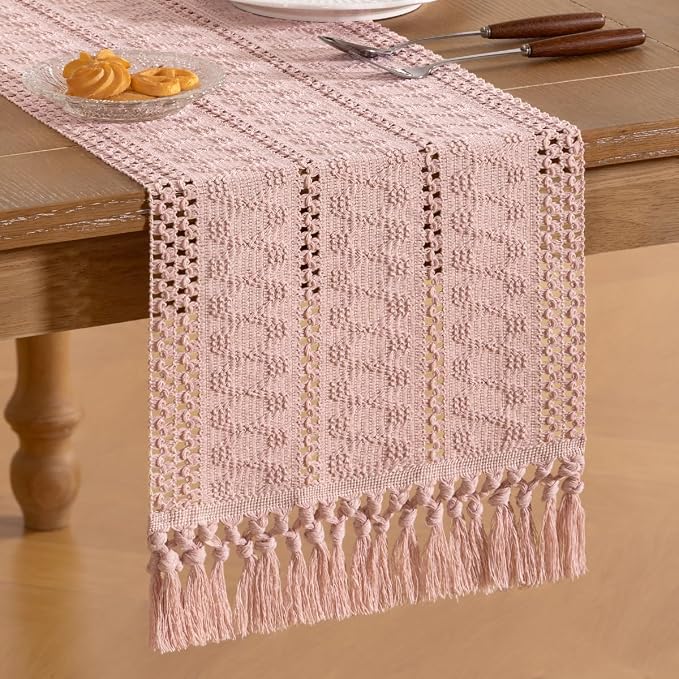 Socomi Boho Table Runner Summer Farmhouse Rustic Dining Kitchen Centerpiece Decor Small Macrame Woven Cotton Linen Coffee Table Runner for Dresser Scarf Home Decor 12x48 in Pink