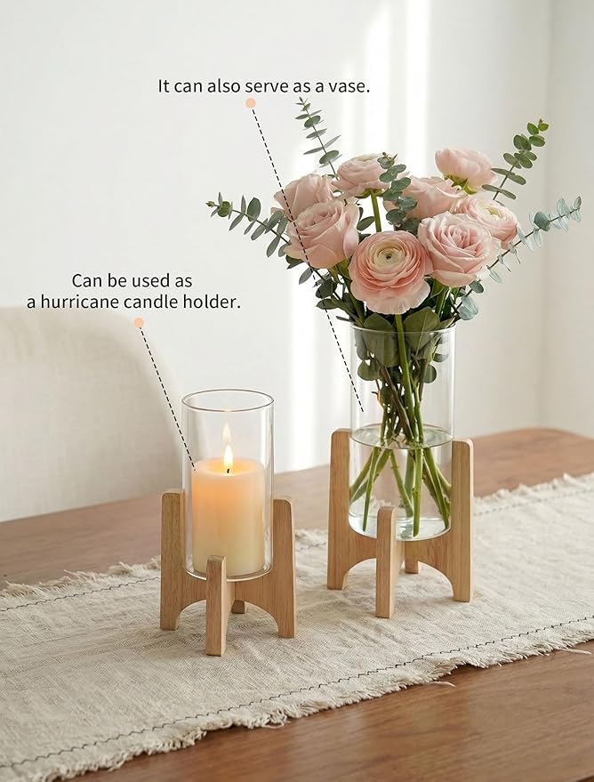 NUPTIO Hurricane Glass Candle Holders: Set of 2 Pillar Candle Holders with Wooden Stands - Mid Century Organic Modern Vases for Dining Table Centerpieces Decor