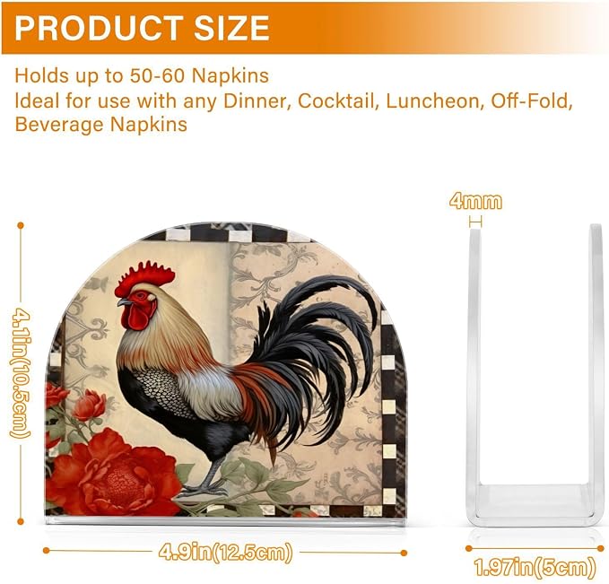 Qilmy Retro Red Rooster Napkin Holder for Table –Napkin Holders for Kitchen, Table Napkin Holders, Cocktail Napkin Holder,Paper Napkins Holder