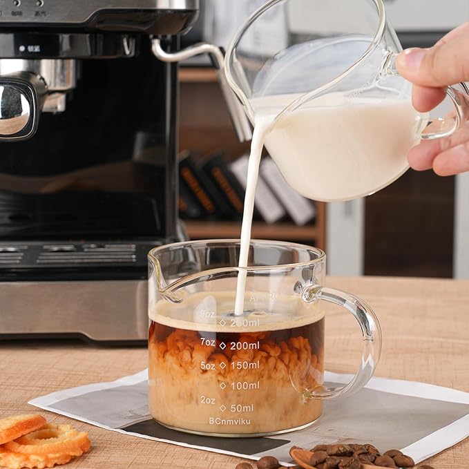 Espresso Cup Measuring Cup Triple Pitcher Milk Cup 250ML/8.5OZ Espresso Cups with Handle Shot Glass with V-Shaped Mouth Milk Frothing Pitcher (Single mouth)