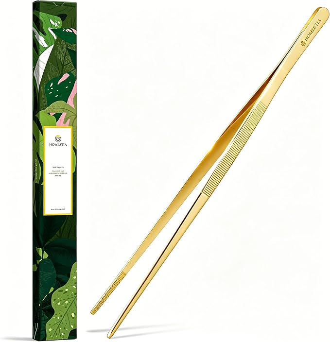 Homestia 12" Kitchen Tweezers Fine Tweezer Tongs, Extra-Long 304 Stainless Steel Cooking Tweezers, Multi-function Metal Tongs with Precision Serrated Tips for Chef, Cocktail, Serving Food, BBQ Gold