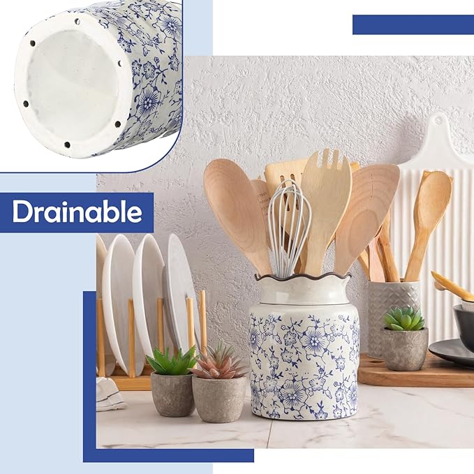 LemonRoad Chinoiserie Floral Ceramic Utensil Holder Blue and White Floral Cooking Utensil Crock with Scalloped Edge Vintage Chinese Style Organizer Vase Decor for Kitchen Countertop Housewarming Gift
