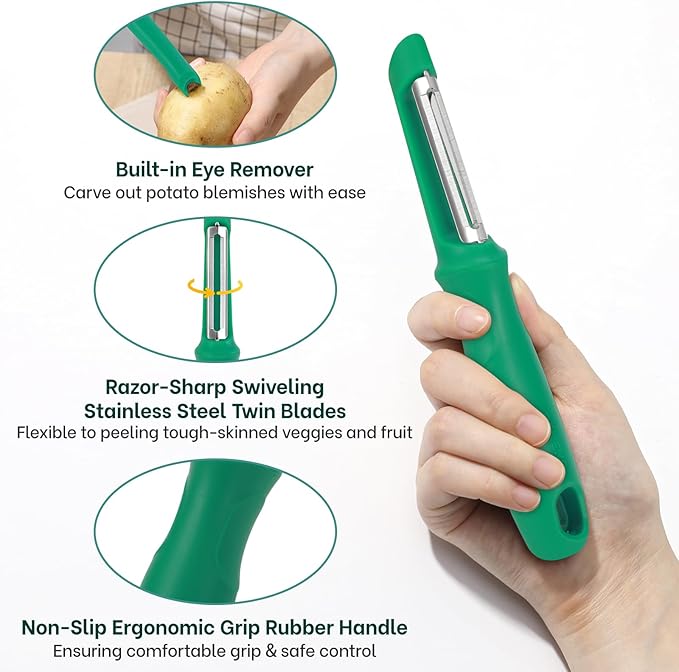 Beneno Swivel Vegetable Peeler, Razor-Sharp Smooth Peeling Potato Peelers with Stainless Steel Blades, Ergonomic Comfort Non-Slip Rubber Handle, Durable Kitchen Peelers with Potato Eye Remover, Green