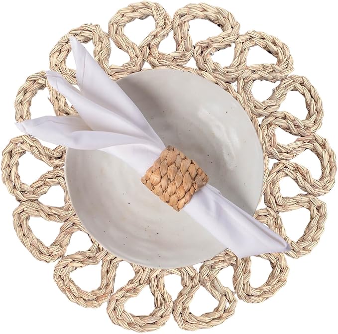 Laquedecraft 13.8" Set of 4 Round Seagrass Placemats | Boho Woven Rattan Table Mats | Farmhouse Wicker Spring Plate Chargers Like Water Hyacinth, Seagrass for Wedding, Party, Christmas, Events