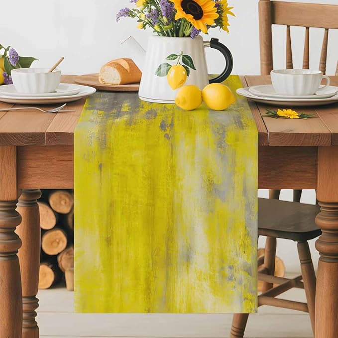 Vintage Yellow Short Table Runners 48 Inches, Cotton Linen Fabric Table Runner Dresser Scarf, Abstract Minimalist Painting Art Watercolor Tablerunner for Party/Kitchen/Dinner/Wedding Decor 13"x48"