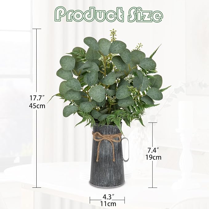 Lifelike Artificial Eucalyptus Plant in Rustic Metal Vase – 17.7" Realistic Faux Greenery for Farmhouse Home Décor, Living Room, Kitchen, Office, Weddings & Table Centerpieces