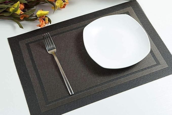 DACHUI Placemats Set of 8, Linen Look Woven Place Mats, Water Resistant, Heat Resistant, Washable, Durable Table Mats (Black Gold)