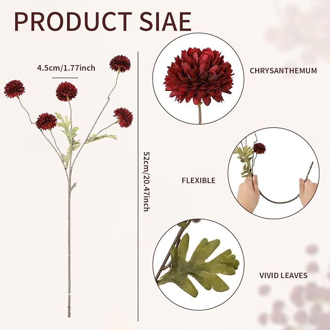 DuHouse 9pcs Artificial Flowers Faux Silk Pompon Mum,Silk Small Mini Chrysanthemum Ball with Stems for DIY Wedding Bouquets Centerpieces Vase Home Table Kitchen Decorations(Burgundy)