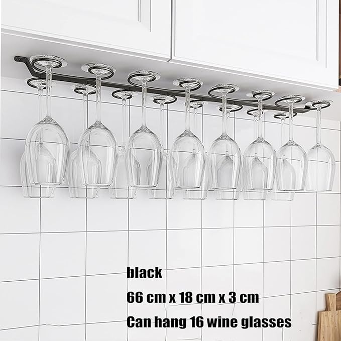 Under Cabinet Wine Glass Holder Iron 12 Hooks, Black Wire Hanging Rack, Storage Hanger Organizer, Space Saving, With 6 Hooks For Multiple Uses, Easy To Install