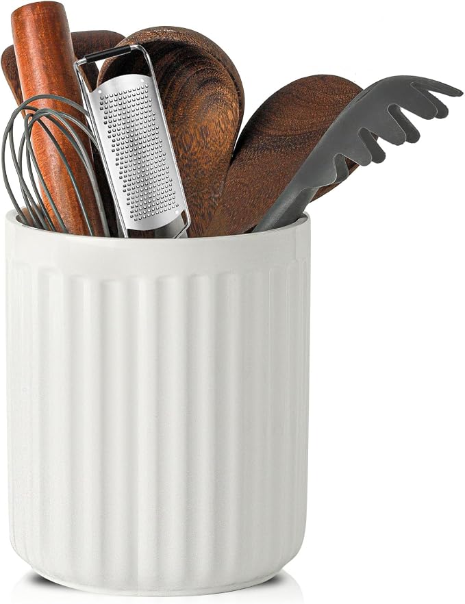 HASENSE Utensil Holder, 7.3” x 6.2” Farmhouse Utensil Holder for Kitchen Countertop, Ceramic Cooking Utensil Crock, Kitchen Utensil Organizer for Wedding Gift, Spatula Holder for Counter, White