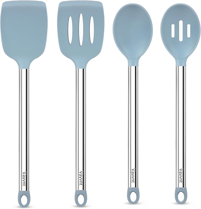 Vayvnt Silicone Cooking Utensils Set, Heat Resistant Spatula Spoon, Blue | 4PCS, Kitchen Utensils for Non Stick Cookware, Hanging Hole, Easy Cleaning Cooking Tools, Metal Long Handle, Dishwasher Safe