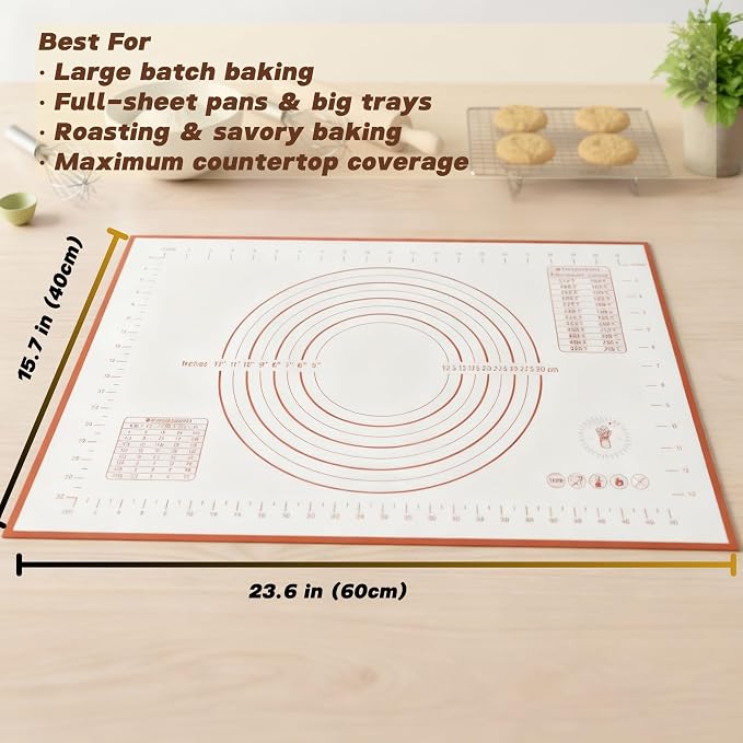 Silicone Baking Mat, Full Sheet Non-Stick Pastry & Dough Mat with Measurement Guides, Silicone Mat & Baking Essentials, 15" x 23"(Pack of 2)