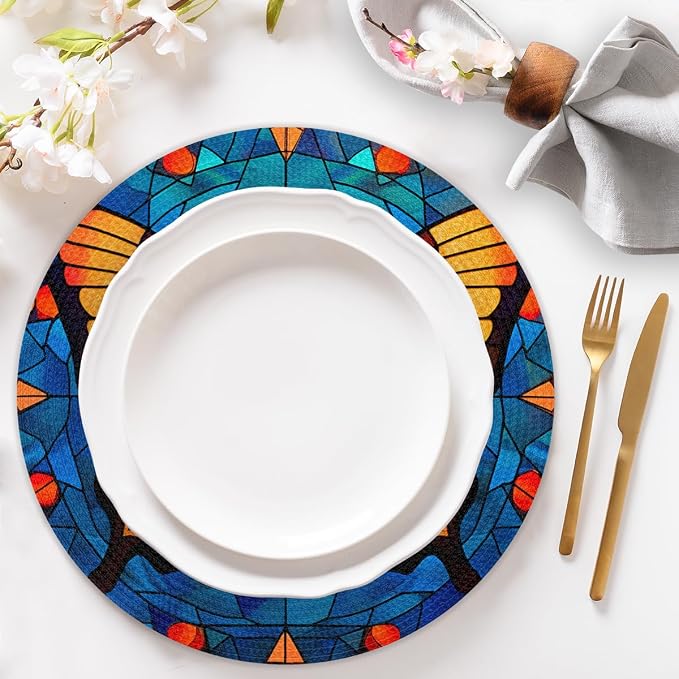 Round Placemats Set of 6, Butterfly Glass Background Woven Placemats Mats Non-Slip Heat Resistant Washable Table Mats Round Braided Place for Farmhouse Kitchen Dining Party Decor 15in