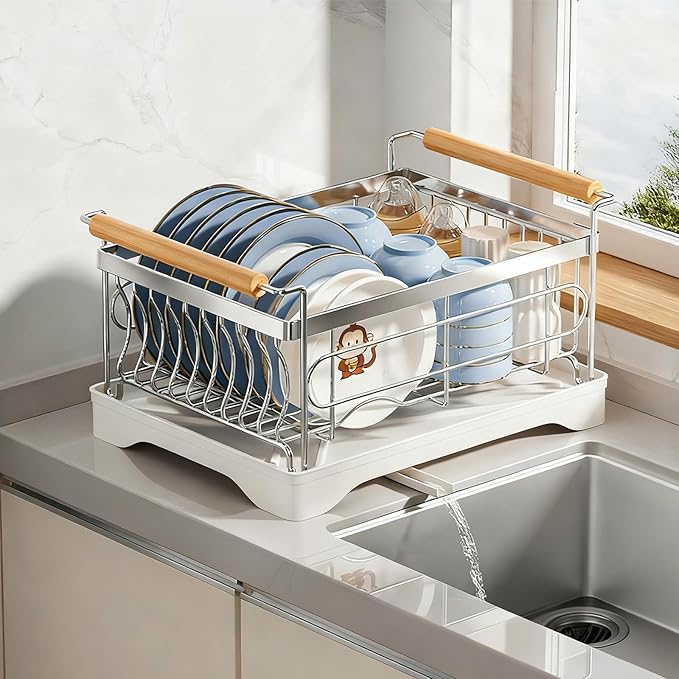 Stainless Steel Dish Drying Rack,304 Grade Rustproof Dish Rack for Kitchen Counter with Drain Board & Detachable Holder (Large:16.5 * 11.8 * 8.8inch)