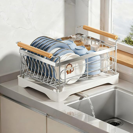 Stainless Steel Dish Drying Rack,304 Grade Rustproof Dish Rack for Kitchen Counter with Drain Board & Detachable Holder (Large:16.5 * 11.8 * 8.8inch)