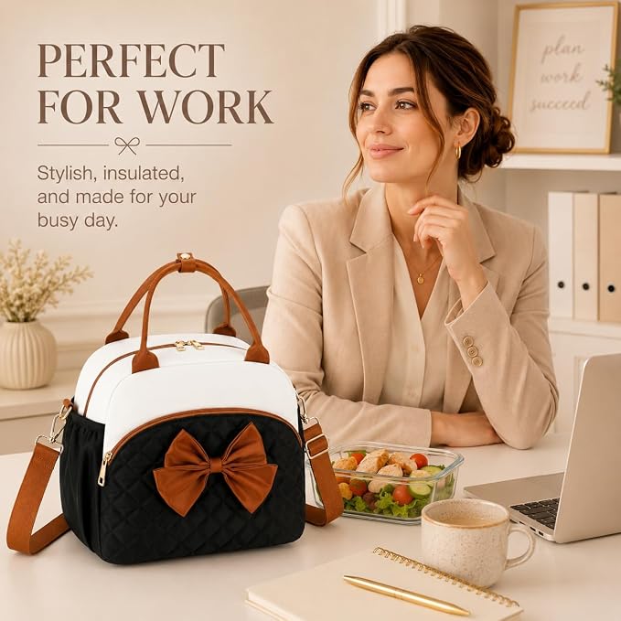 LEDAOU Lunch Box for Women, Insulated Lunch Bag Women with Adjustable Shoulder Strap, Cute Lunch Tote Bag for Work, Womens Lunch Bag with Bowknot, Front Zipper Pocket & Side Pockets